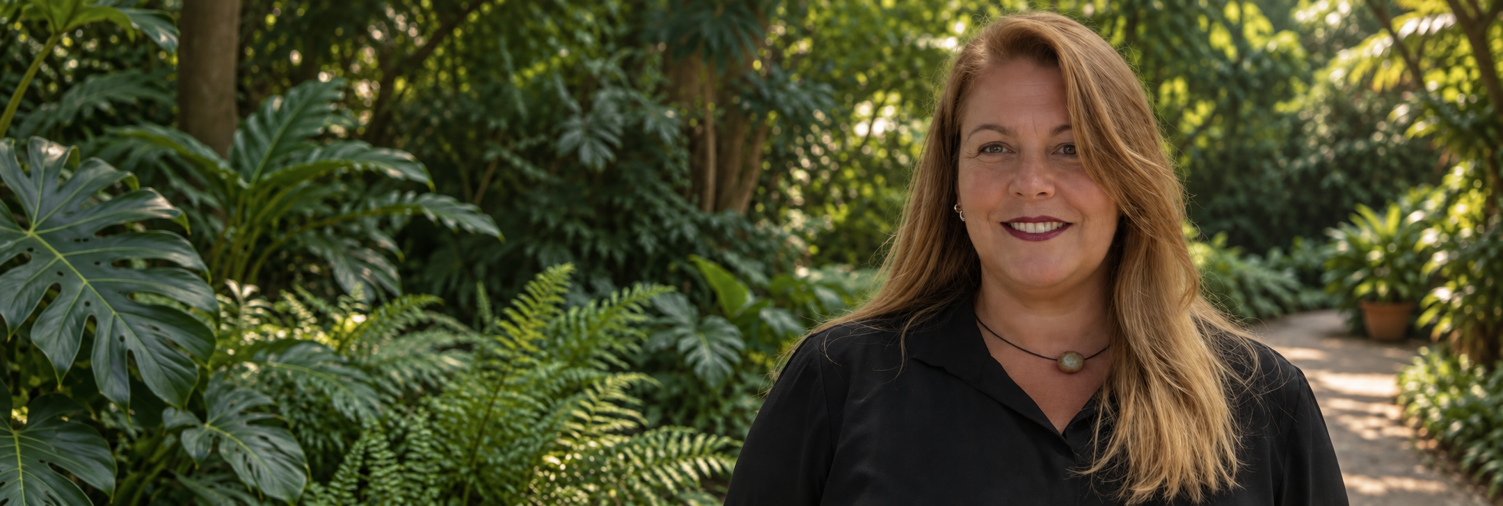 Patrícia Gralato em um jardim verde